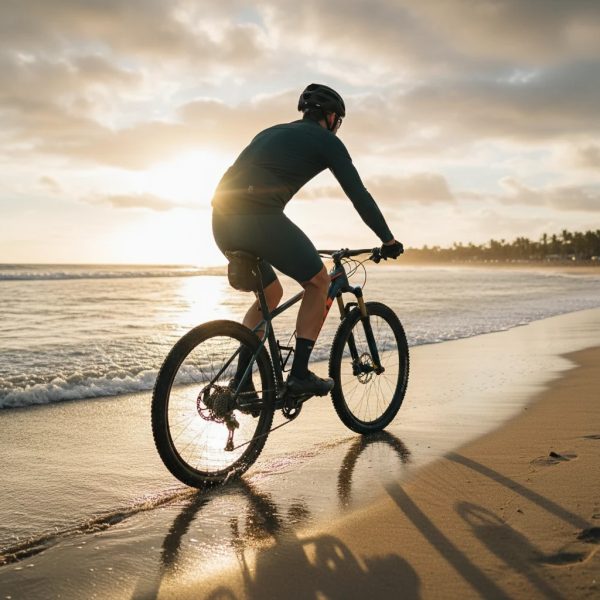پیراهن آستین بلند CYCLING MORVÉLO MONO CONTRAST 2025 بر روی تن دوچرخه سوار لب دریا