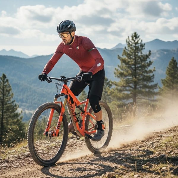 پیراهن آستین بلند CYCLING Q36.5 2025 رنگ قرمز بر روی تن دوچرخه سوار